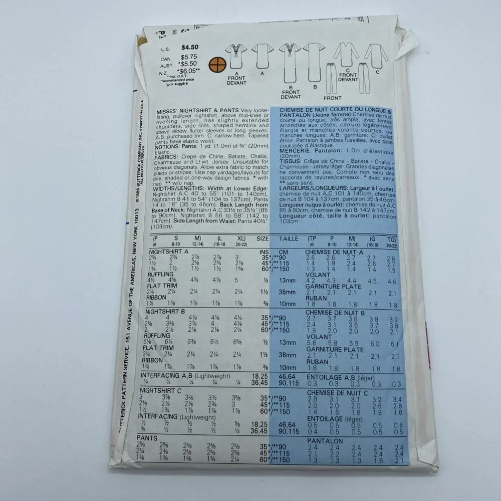Butterick 3850 Misses Nightshirt & Pants P S M Sleepwear Sewing Pattern Uncut